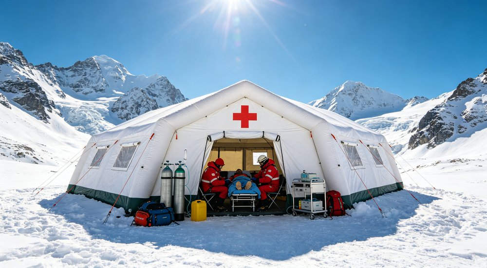High-quality photo of a 30 square meter inflatable medical tent showing a 45-degree side angle view used in disaster relief and humanitarian aid operations in desert camouflage color pattern