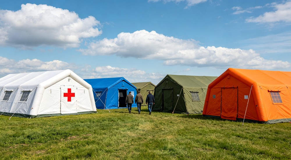 High-quality photo of a 30 square meter inflatable medical tent interior panoramic view showing spacious layout used in disaster relief and humanitarian aid operations in white color with red cross medical markings