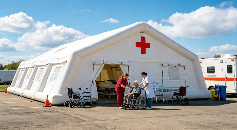 High-quality photo of a 30 square meter inflatable medical tent full exterior view showing complete structure in white color with red cross medical markings