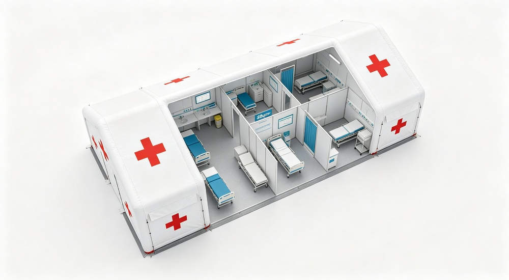 High-quality photo of a 30 square meter inflatable medical tent captured from an aerial overhead perspective in white color with red cross medical markings