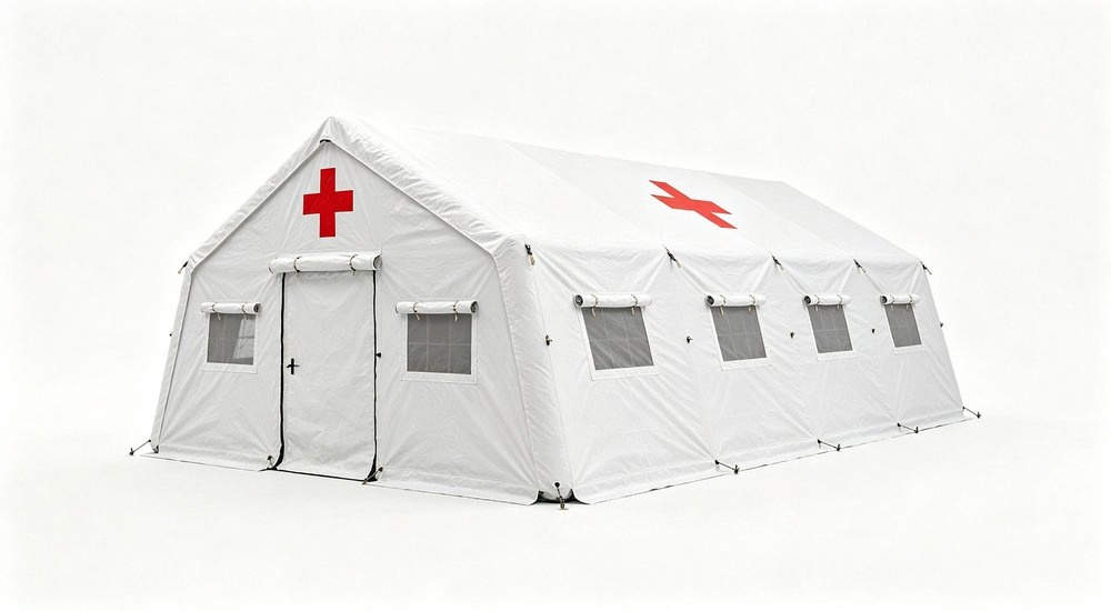High-quality photo of a 30 square meter inflatable medical tent captured from an aerial overhead perspective in white color with red cross medical markings