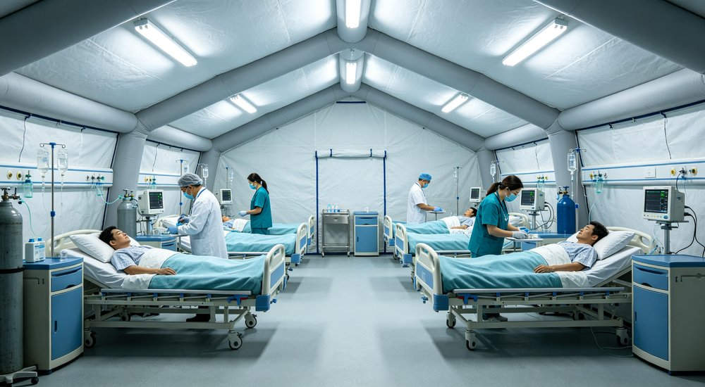 High-quality photo of a 30 square meter inflatable medical tent full exterior view showing complete structure in blue and white color scheme