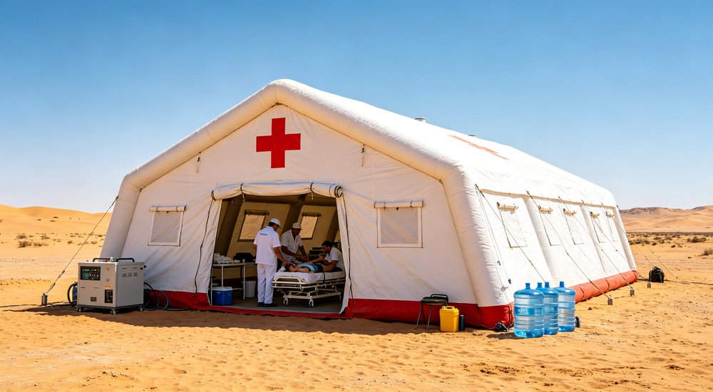 High-quality photo of a 30 square meter inflatable medical tent showing a 45-degree side angle view in white color with red cross medical markings