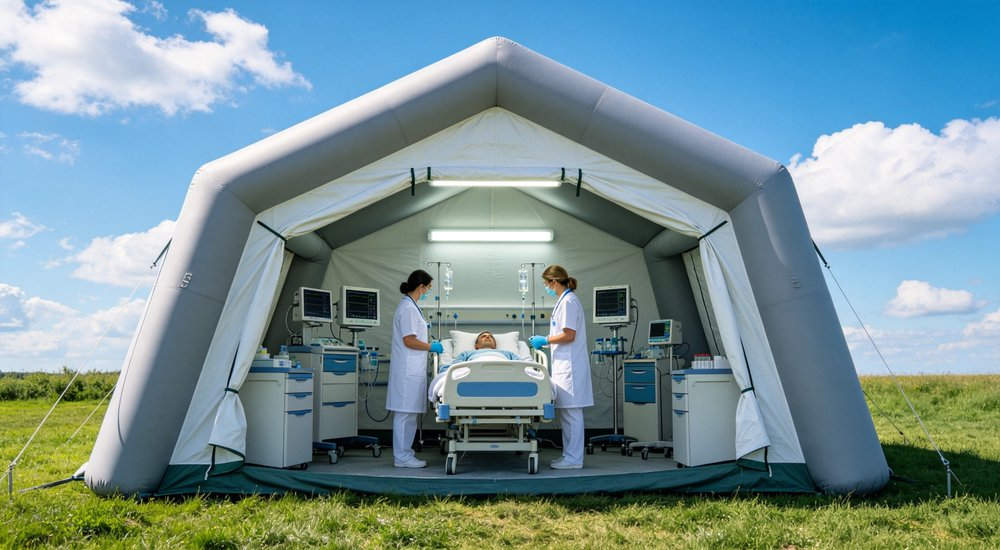 High-quality photo of a 30 square meter inflatable medical tent full exterior view showing complete structure showing durable waterproof PVC fabric material in green military-style color