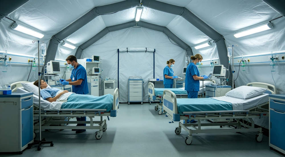 High-quality photo of a 30 square meter inflatable medical tent full exterior view showing complete structure in white color with red cross medical markings