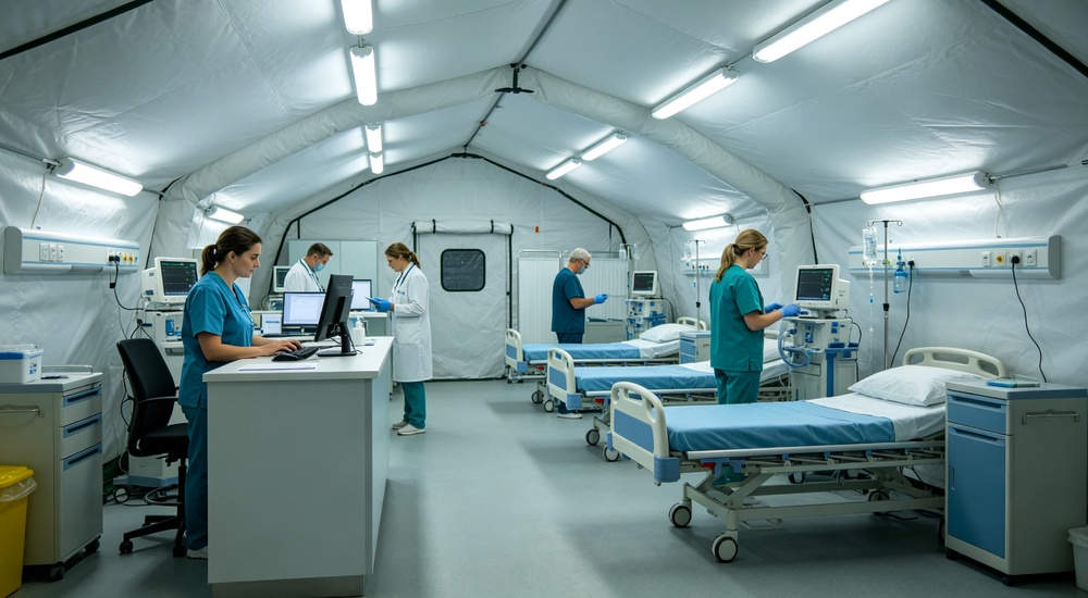 High-quality photo of a 30 square meter inflatable medical tent interior panoramic view showing spacious layout professional grade emergency shelter equipment suitable for field hospital deployment and disaster response operations