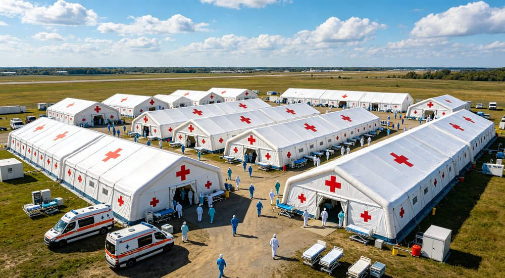 High-quality photo of a 30 square meter inflatable medical tent full exterior view showing complete structure in blue and white color scheme