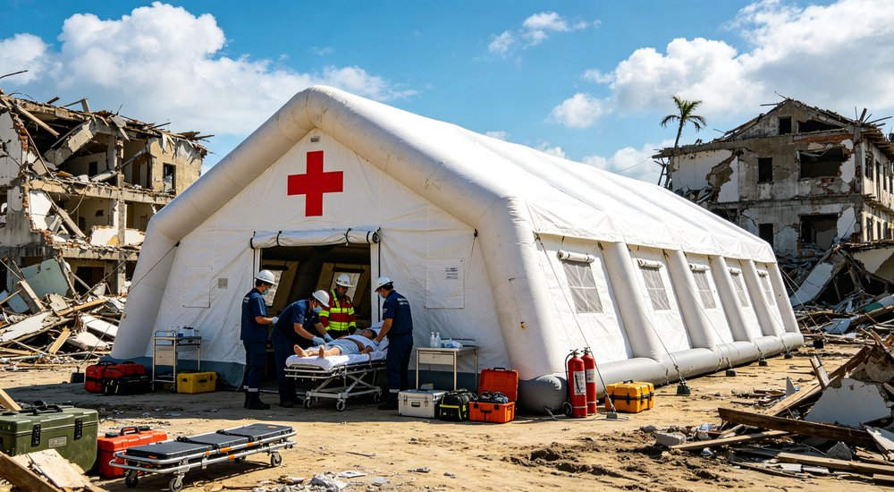 High-quality photo of a 30 square meter inflatable medical tent full exterior view showing complete structure in desert camouflage color pattern