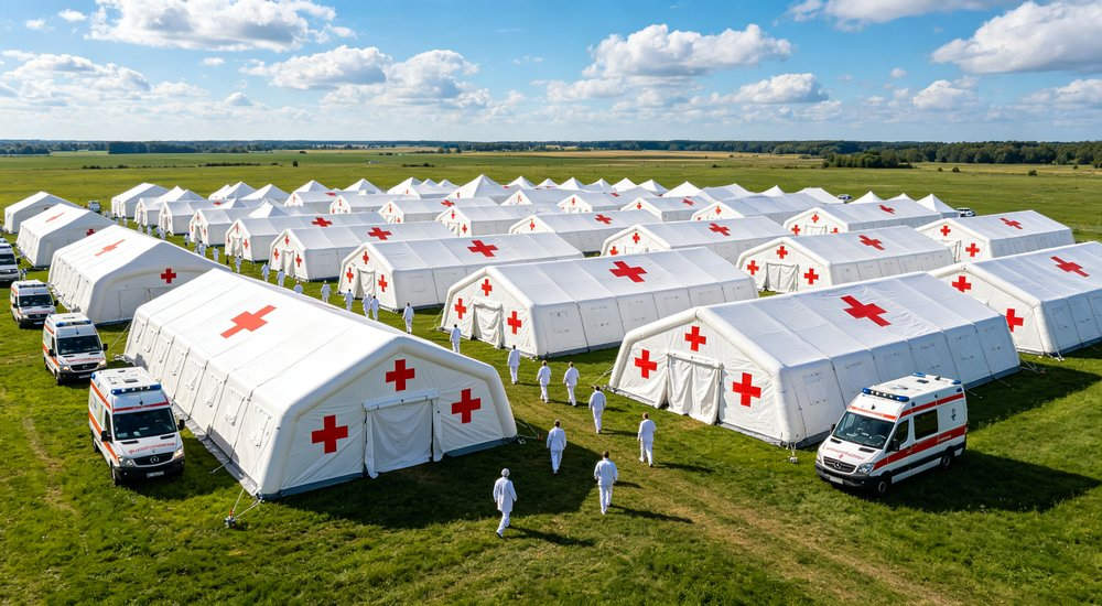 High-quality photo of a 30 square meter inflatable medical tent full exterior view showing complete structure in blue and white color scheme