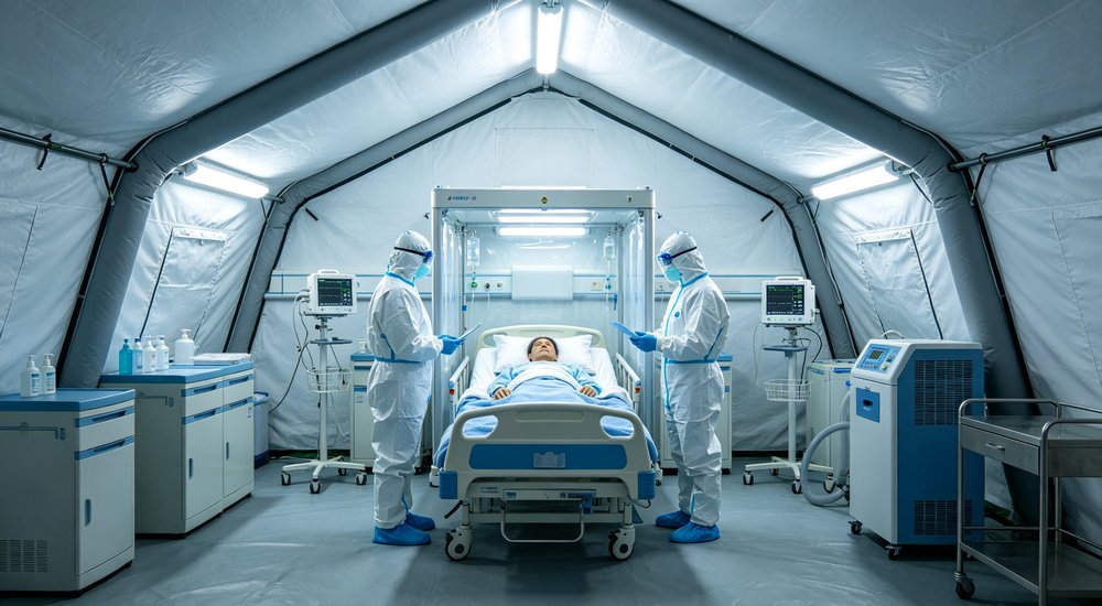 High-quality photo of a 30 square meter inflatable medical tent interior panoramic view showing spacious layout in white color with red cross medical markings
