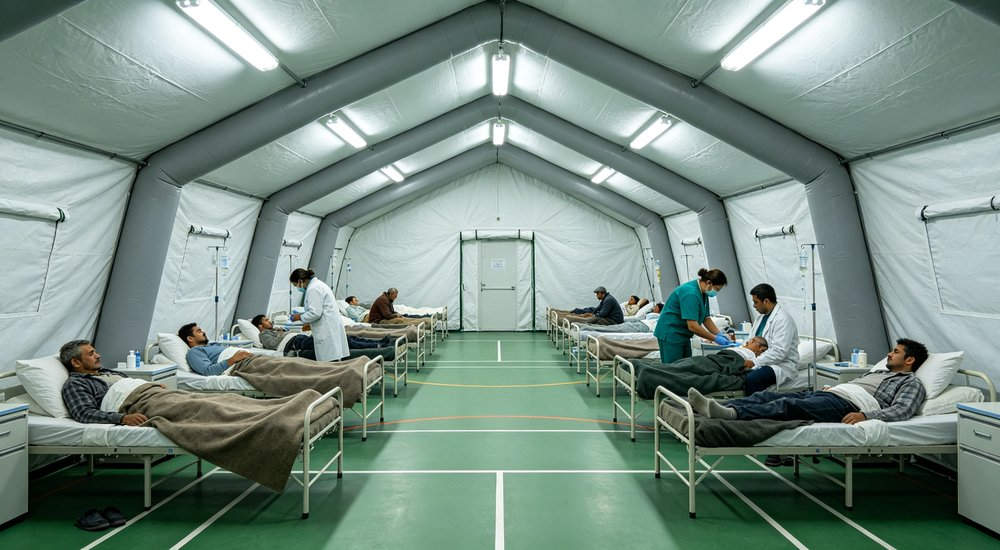 High-quality photo of a 30 square meter inflatable medical tent interior panoramic view showing spacious layout during emergency medical response operations in white color with red cross medical markings