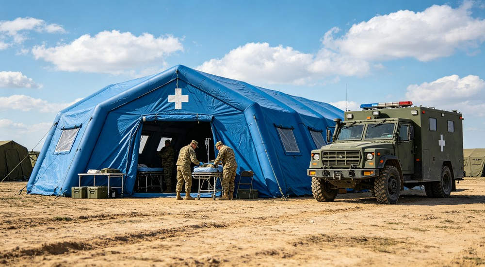 High-quality photo of a 30 square meter inflatable medical tent showing a 45-degree side angle view in blue and white color scheme