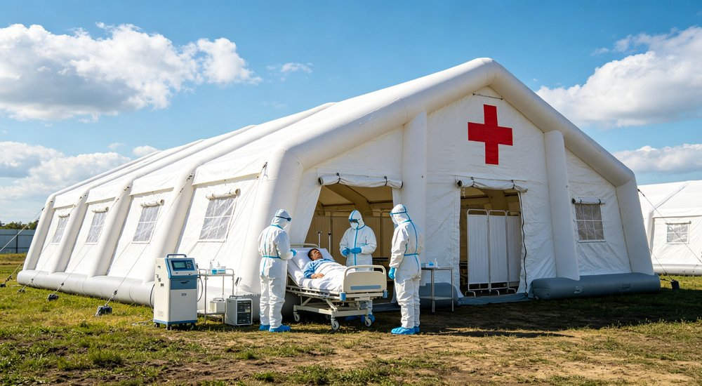High-quality photo of a 30 square meter inflatable medical tent interior panoramic view showing spacious layout in blue and white color scheme