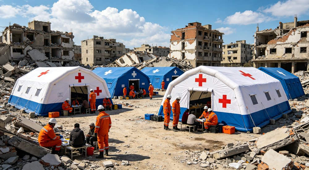 High-quality photo of a 30 square meter inflatable medical tent full exterior view showing complete structure during emergency medical response operations in white color with red cross medical markings