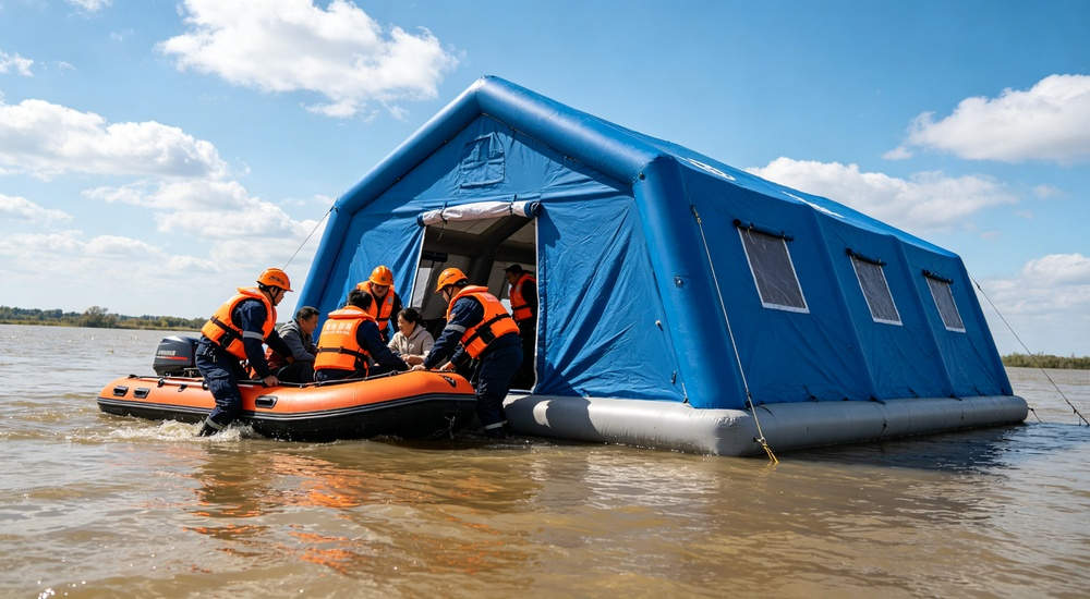 High-quality photo of a 30 square meter inflatable medical tent full exterior view showing complete structure used in disaster relief and humanitarian aid operations in blue and white color scheme