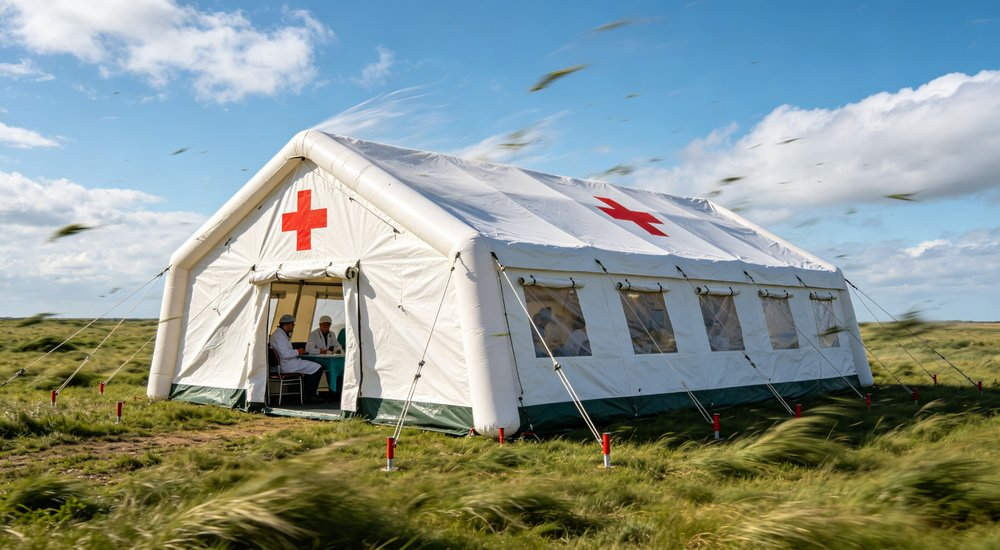 High-quality photo of a 30 square meter inflatable medical tent full exterior view showing complete structure in white color with red cross medical markings
