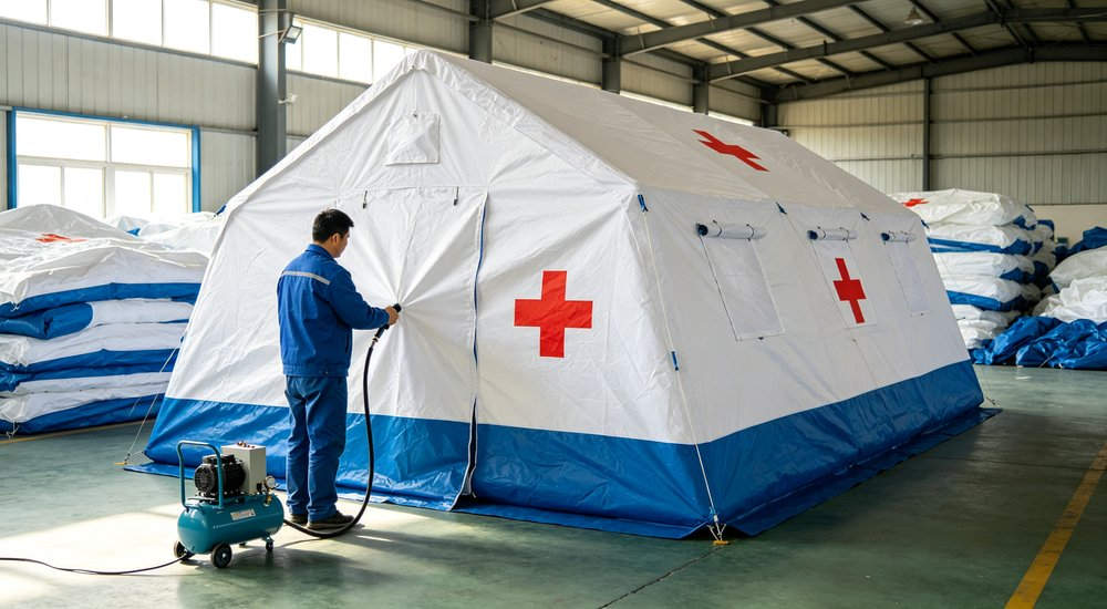 High-quality photo of a 30 square meter inflatable medical tent full exterior view showing complete structure in desert camouflage color pattern