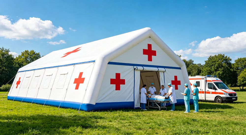 High-quality photo of a 30 square meter inflatable medical tent full exterior view showing complete structure in green military-style color