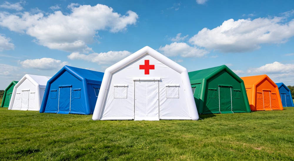 High-quality photo of a 30 square meter inflatable medical tent full exterior view showing complete structure in white color with red cross medical markings