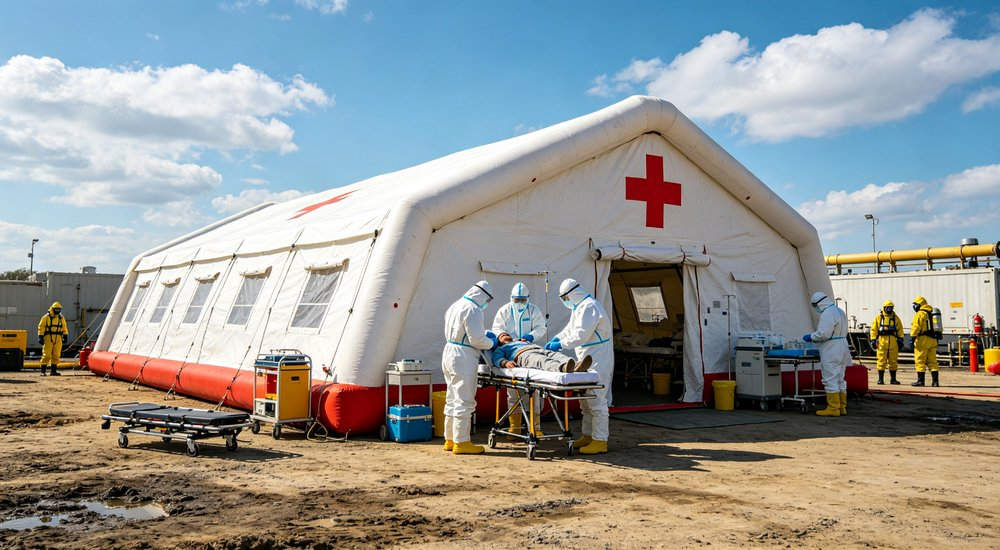 High-quality photo of a 30 square meter inflatable medical tent full exterior view showing complete structure in blue and white color scheme