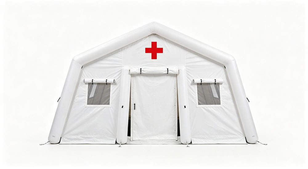 High-quality photo of a 30 square meter inflatable medical tent full exterior view showing complete structure in blue and white color scheme