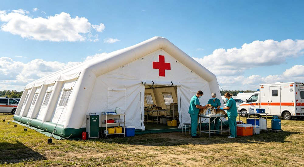High-quality photo of a 30 square meter inflatable medical tent full exterior view showing complete structure in blue and white color scheme