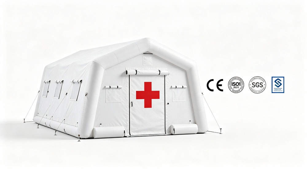 High-quality photo of a 30 square meter inflatable medical tent full exterior view showing complete structure in white color with red cross medical markings
