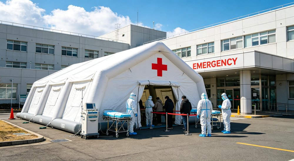 High-quality photo of a 30 square meter inflatable medical tent full exterior view showing complete structure in blue and white color scheme