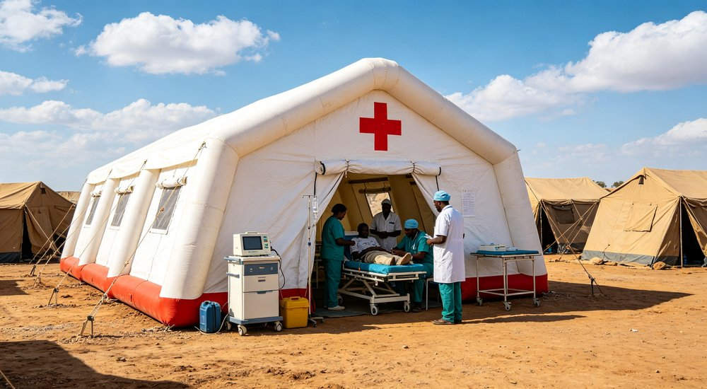 High-quality photo of a 30 square meter inflatable medical tent full exterior view showing complete structure in white color with red cross medical markings