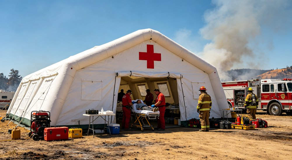 High-quality photo of a 30 square meter inflatable medical tent full exterior view showing complete structure in green military-style color