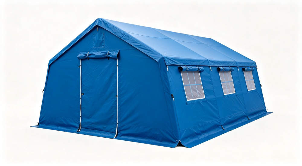 High-quality photo of a 30 square meter inflatable medical tent showing a 45-degree side angle view in white color with red cross medical markings