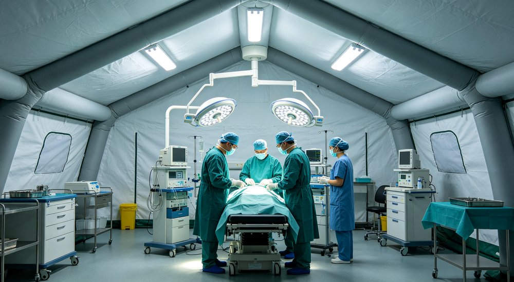 High-quality photo of a 30 square meter inflatable medical tent full exterior view showing complete structure in blue and white color scheme