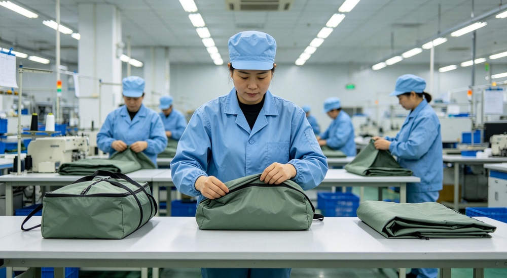 High-quality photo of a 30 square meter inflatable medical tent full exterior view showing complete structure manufactured in a professional factory production workshop in China