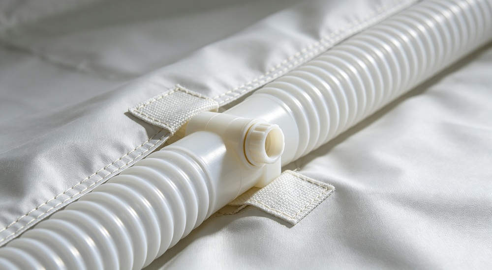 High-quality photo of a 30 square meter inflatable medical tent detailed close-up view showing material texture showing durable waterproof PVC fabric material