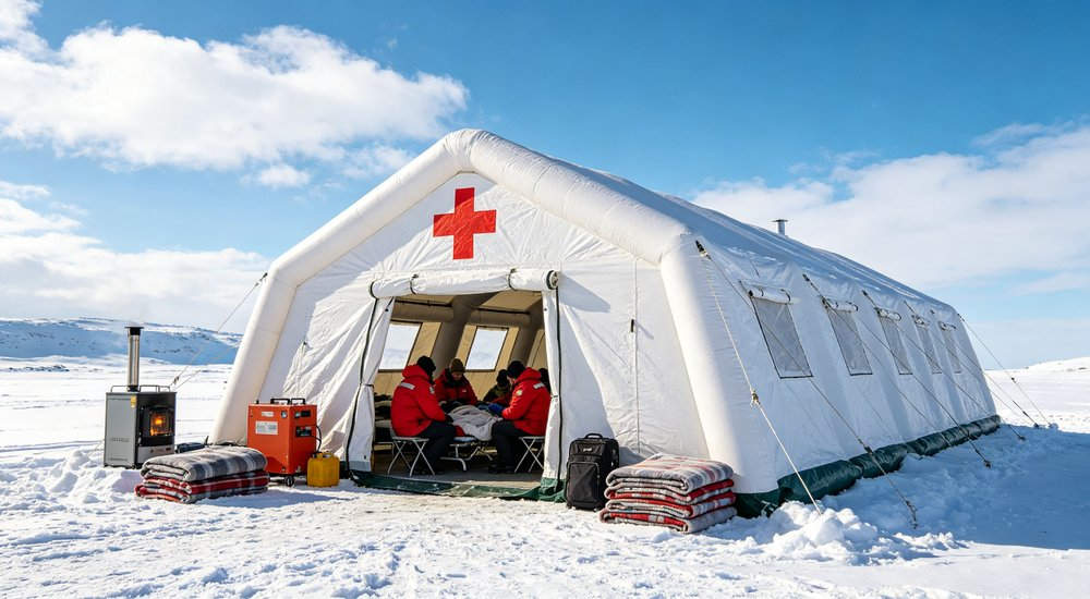 High-quality photo of a 30 square meter inflatable medical tent full exterior view showing complete structure in green military-style color