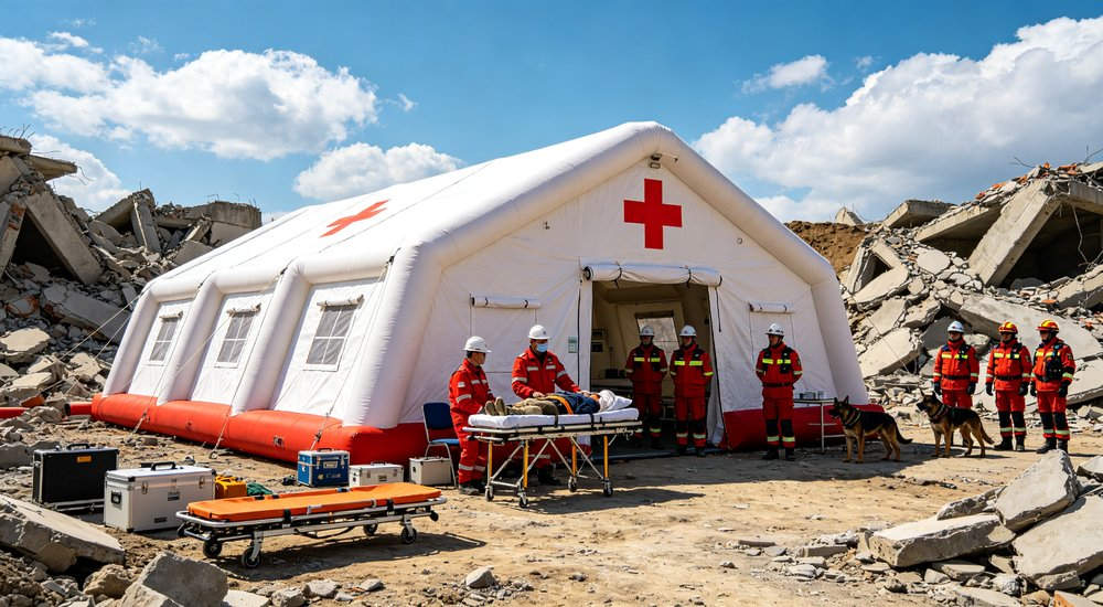 High-quality photo of a 30 square meter inflatable medical tent full exterior view showing complete structure including field repair kit and maintenance tools in white color with red cross medical markings