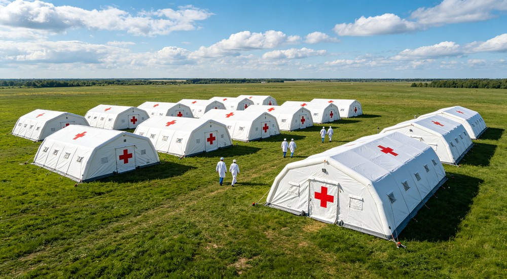 High-quality photo of a 30 square meter inflatable medical tent full exterior view showing complete structure in white color with red cross medical markings