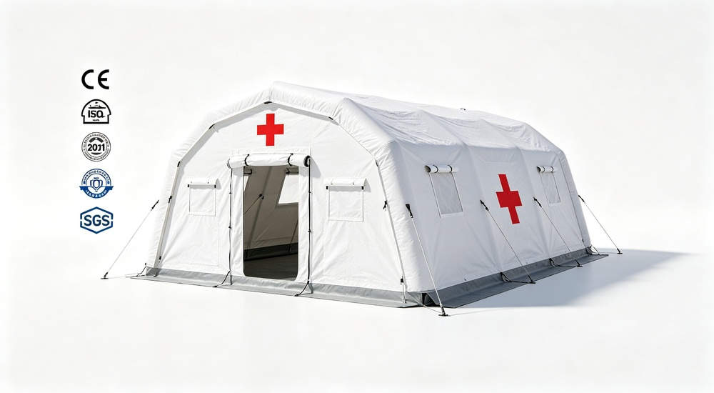 High-quality photo of a 30 square meter inflatable medical tent full exterior view showing complete structure professional grade emergency shelter equipment suitable for field hospital deployment and disaster response operations