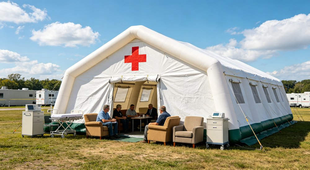High-quality photo of a 30 square meter inflatable medical tent full exterior view showing complete structure manufactured in a professional factory production workshop in China in white color with red cross medical markings