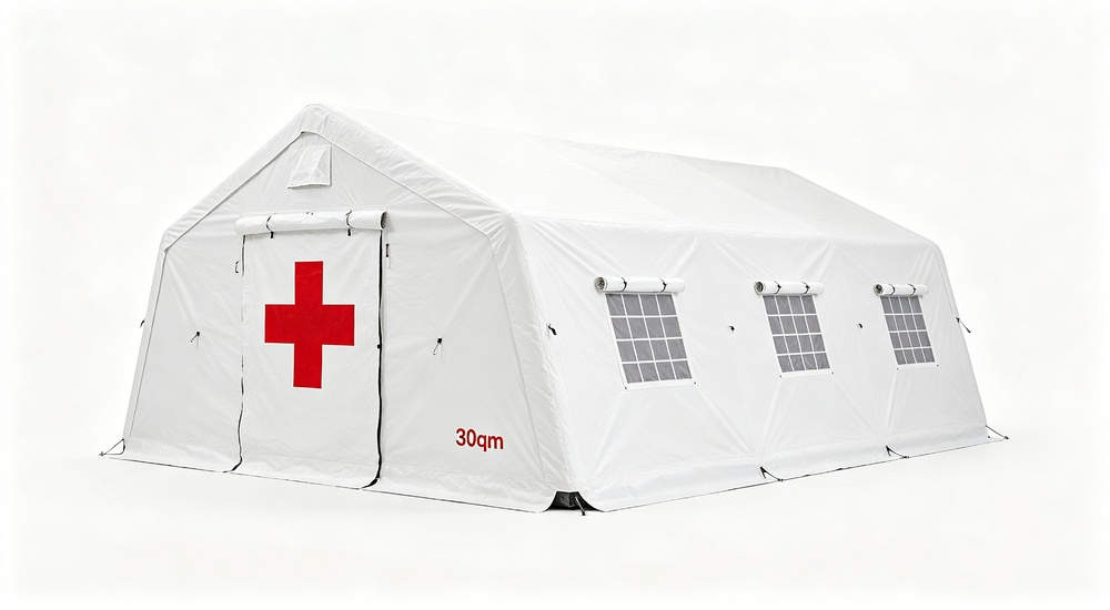 High-quality photo of a 30 square meter inflatable medical tent showing a 45-degree side angle view in white color with red cross medical markings