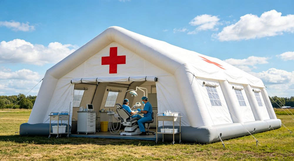 High-quality photo of a 30 square meter inflatable medical tent full exterior view showing complete structure manufactured in a professional factory production workshop in China in blue and white color scheme
