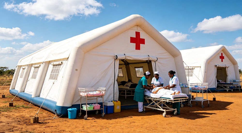 High-quality photo of a 30 square meter inflatable medical tent full exterior view showing complete structure manufactured in a professional factory production workshop in China in green military-style color