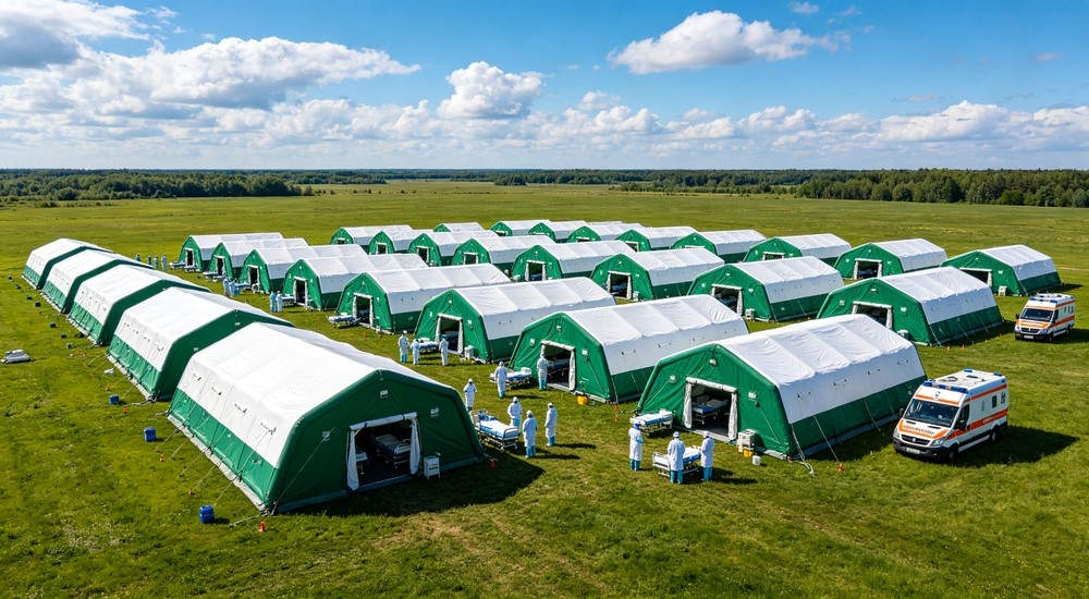 Inflatable disaster relief tent field emergency medical camp with ambulances and medical staff