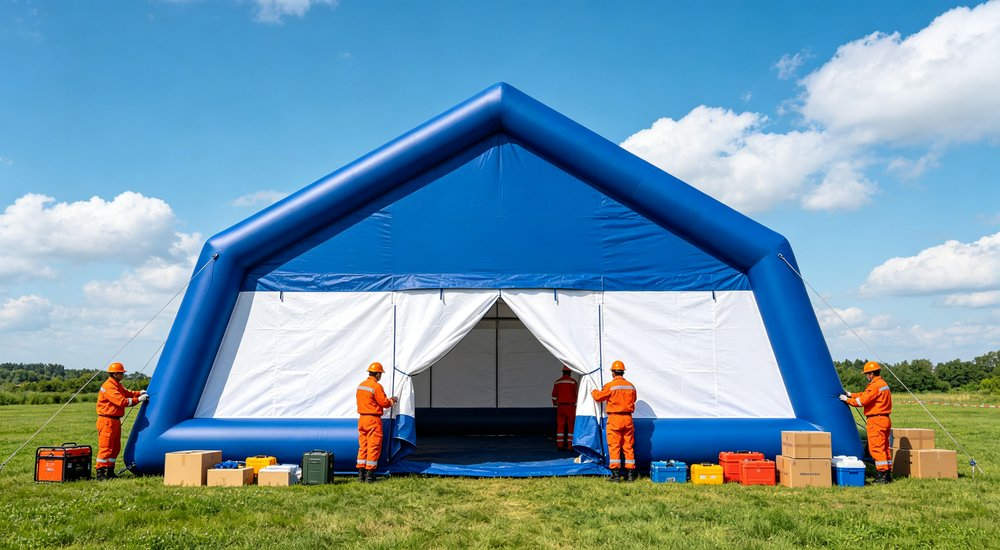 High-quality photo of a 40 square meter inflatable disaster relief tent captured from an aerial overhead perspective used in disaster relief and humanitarian aid operations