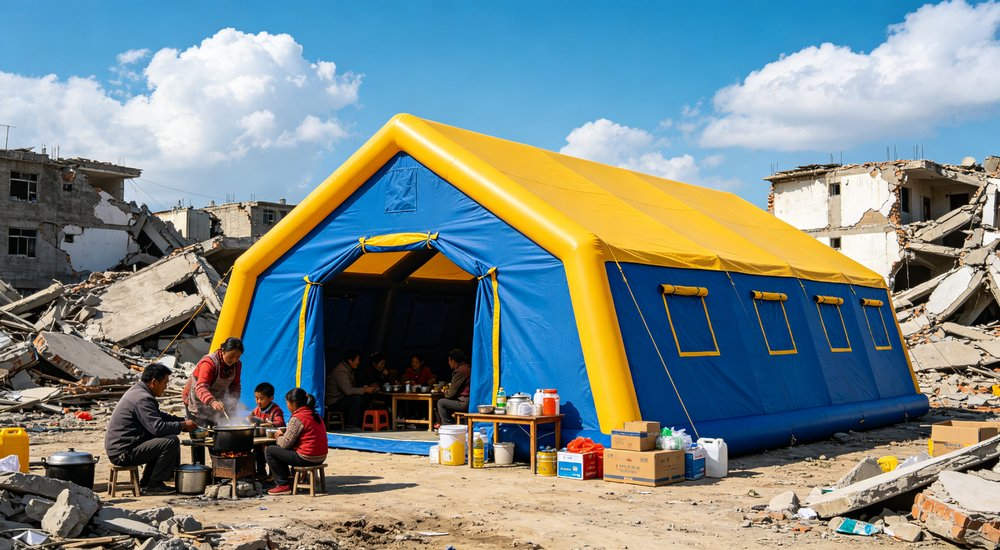 High-quality photo of a 40 square meter inflatable disaster relief tent full exterior view showing complete structure used in disaster relief and humanitarian aid operations