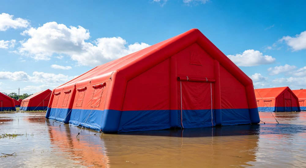 High-quality photo of a 40 square meter inflatable disaster relief tent full exterior view showing complete structure manufactured in a professional factory production workshop in China