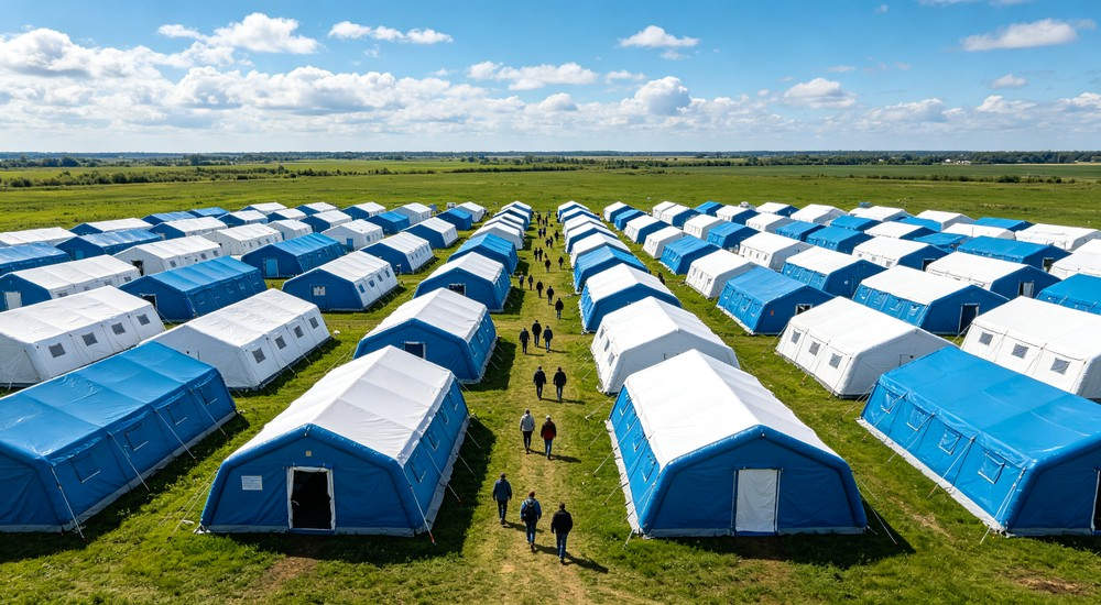 High-quality photo of a 40 square meter inflatable disaster relief tent captured from an aerial overhead perspective professional grade emergency shelter equipment suitable for field hospital deployment and disaster response operations