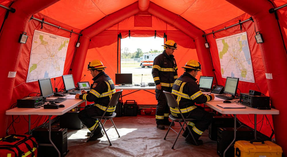 Interior view of red inflatable fire command tent with work desks, two way radios and tactical maps on walls, firefighters in uniform planning emergency response, natural daylight from entrance, professional B2B product photography