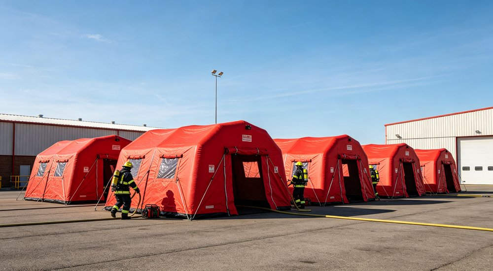 Waterproof ground sheet and floor mat for red fire rescue inflatable tent, protective flooring accessory detail with reinforced edges, professional product photography
