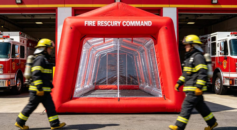 Hazmat decontamination operation with red inflatable shower tent, workers in full protective suits and masks, emergency response scene at night with blue lighting, professional photography